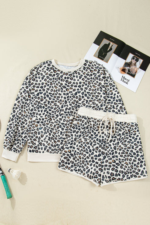 Leopard Print Drop Shoulder Pullover Elastic Waist Short Set