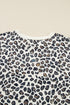 Leopard Print Drop Shoulder Pullover Elastic Waist Short Set