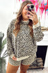 Leopard Print Drop Shoulder Pullover Elastic Waist Short Set