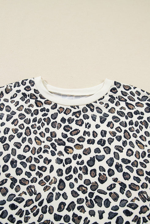 Leopard Print Drop Shoulder Pullover Elastic Waist Short Set