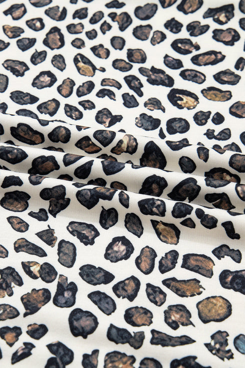 Leopard Print Drop Shoulder Pullover Elastic Waist Short Set