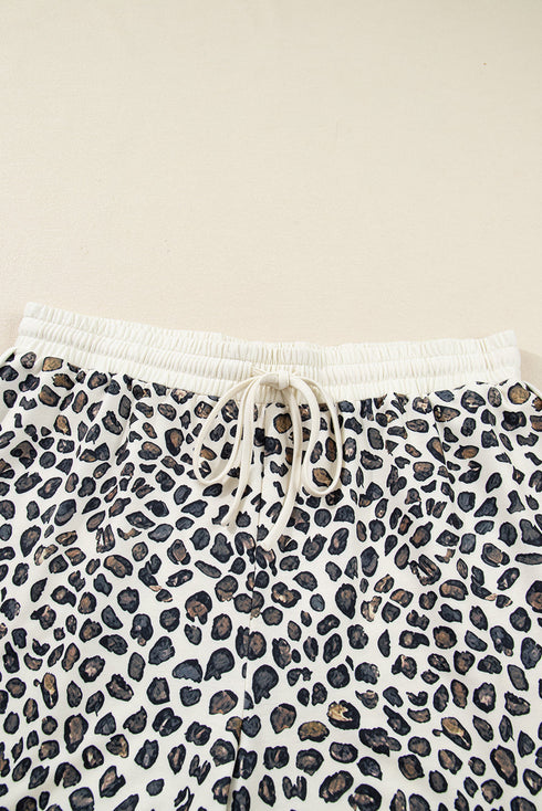 Leopard Print Drop Shoulder Pullover Elastic Waist Short Set