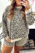 Leopard Print Drop Shoulder Pullover Elastic Waist Short Set