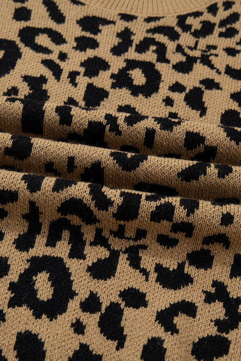 Leopard Print Drop Shoulder Ribbed Trim Crew Sweater