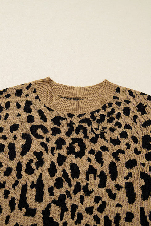 Leopard Print Drop Shoulder Ribbed Trim Crew Sweater