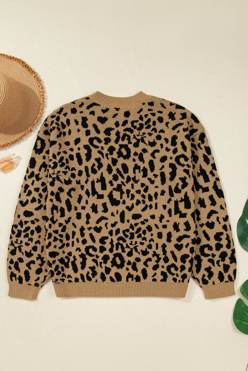 Leopard Print Drop Shoulder Ribbed Trim Crew Sweater