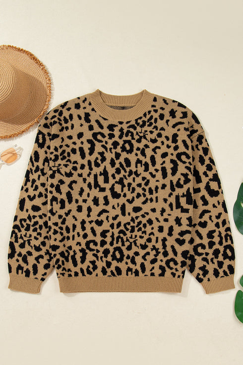 Leopard Print Drop Shoulder Ribbed Trim Crew Sweater