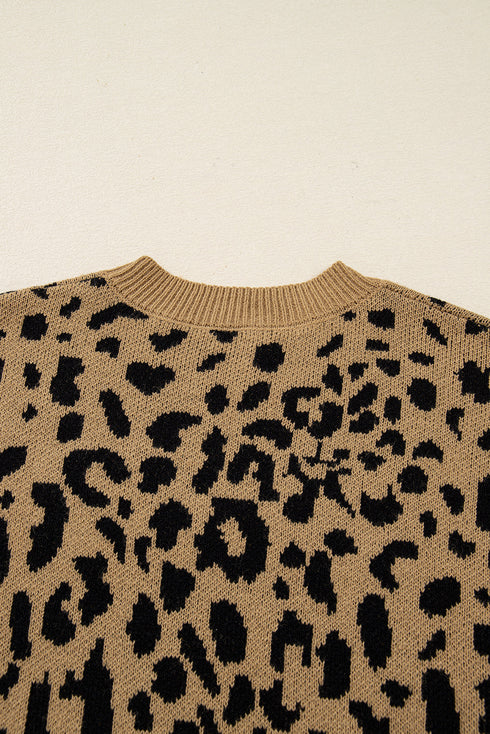 Leopard Print Drop Shoulder Ribbed Trim Crew Sweater