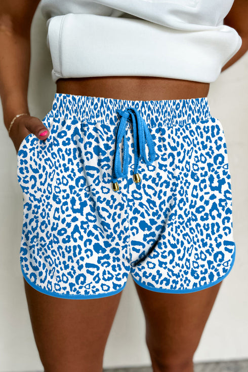 Leopard Print Elastic Waist Drawstring Contrast Trim Lounge Shorts