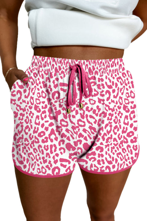 Leopard Print Elastic Waist Drawstring Contrast Trim Lounge Shorts