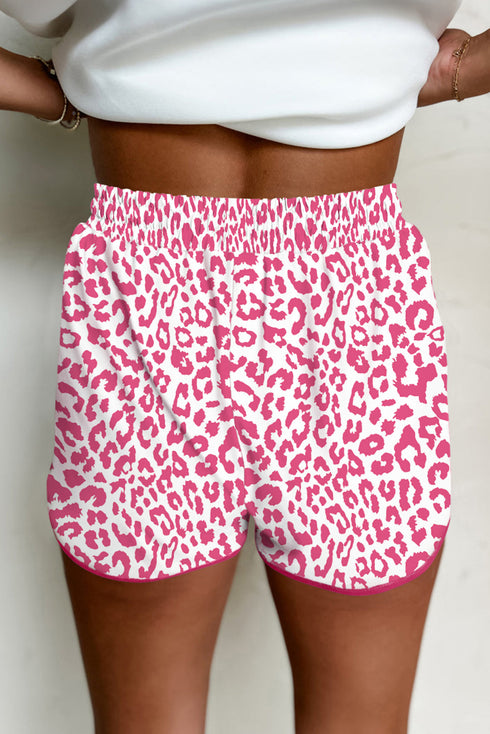 Leopard Print Elastic Waist Drawstring Contrast Trim Lounge Shorts