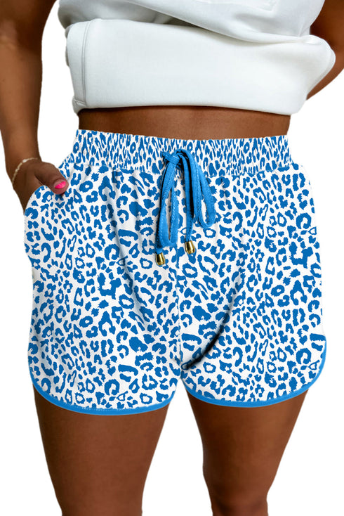 Leopard Print Elastic Waist Drawstring Contrast Trim Lounge Shorts