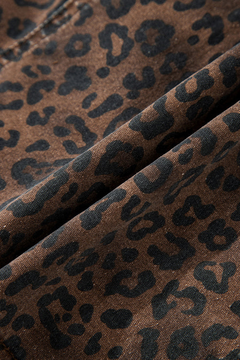 Leopard Print Elastic Waistband Drawstring Denim Shorts