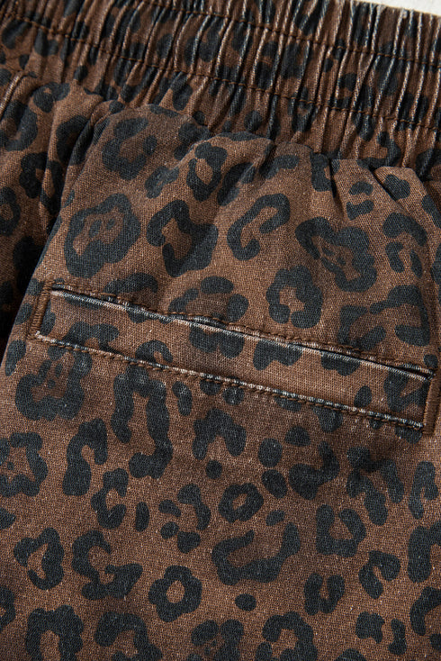 Leopard Print Elastic Waistband Drawstring Denim Shorts