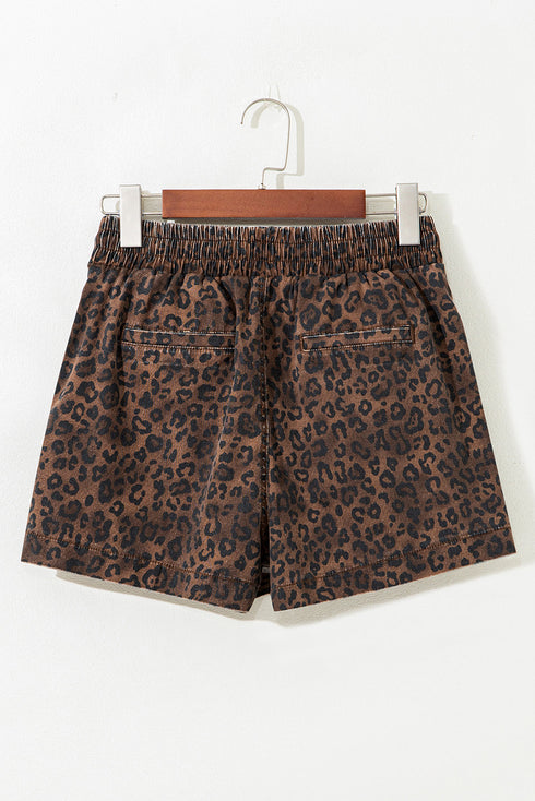 Leopard Print Elastic Waistband Drawstring Denim Shorts