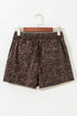 Leopard Print Elastic Waistband Drawstring Denim Shorts