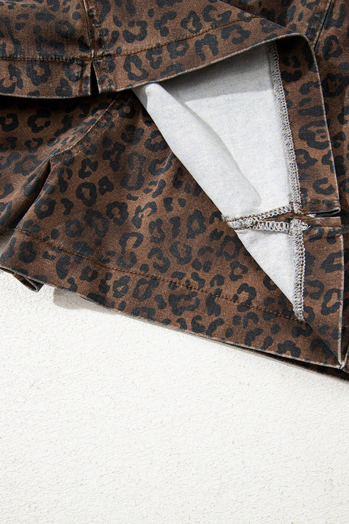 Leopard Print Elastic Waistband Drawstring Denim Shorts
