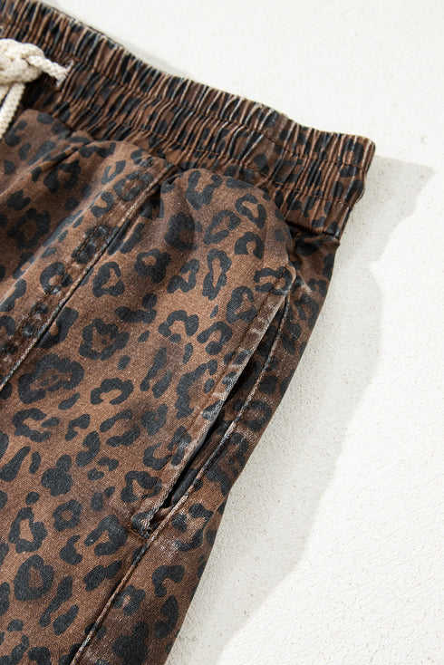 Leopard Print Elastic Waistband Drawstring Denim Shorts