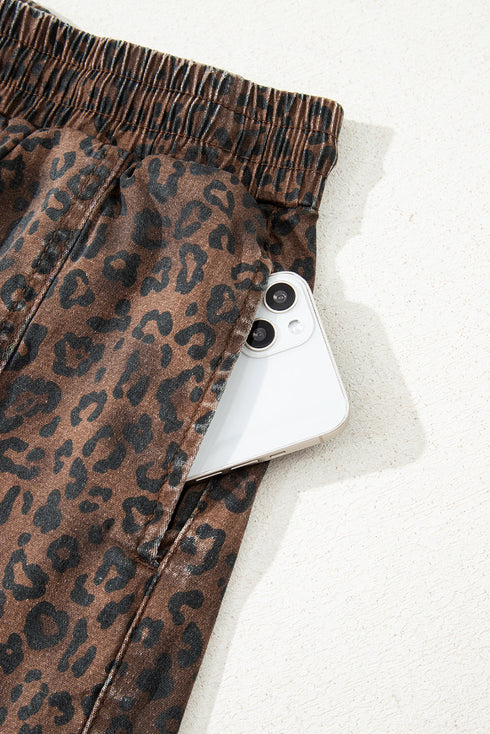 Leopard Print Elastic Waistband Drawstring Denim Shorts