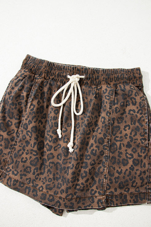 Leopard Print Elastic Waistband Drawstring Denim Shorts
