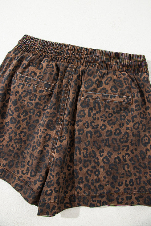 Leopard Print Elastic Waistband Drawstring Denim Shorts