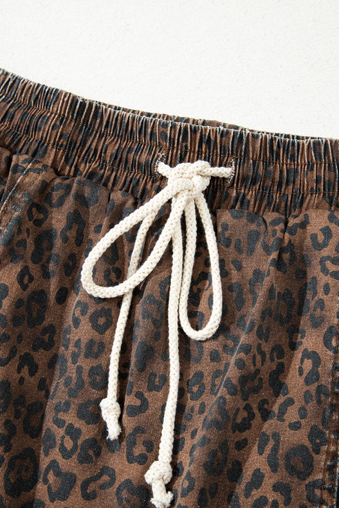 Leopard Print Elastic Waistband Drawstring Denim Shorts