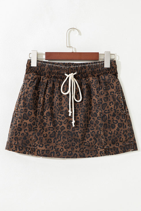 Leopard Print Elastic Waistband Drawstring Denim Shorts