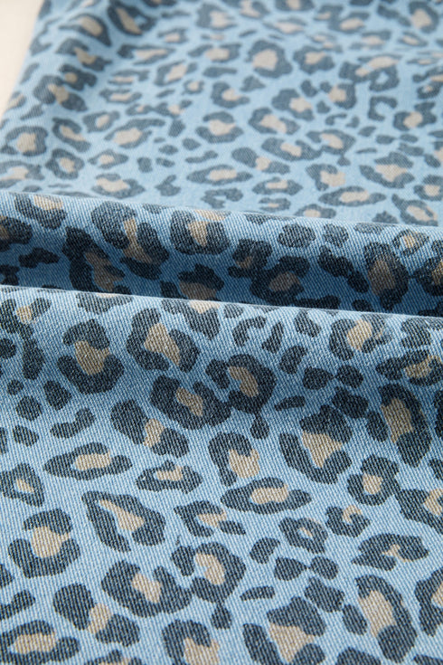 Leopard Print Exposed Seam Drawstring Wide Leg Jeans