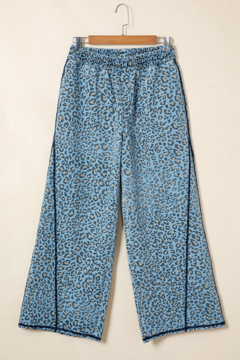 Leopard Print Exposed Seam Drawstring Wide Leg Jeans