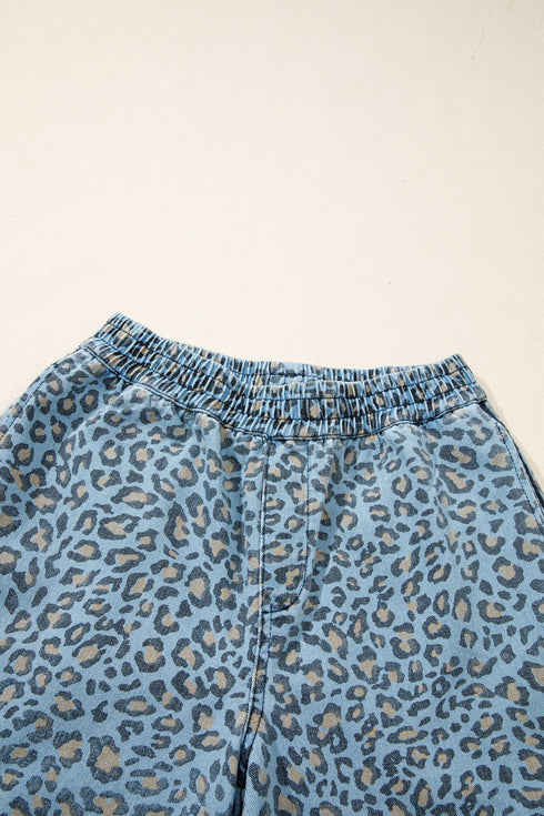 Leopard Print Exposed Seam Drawstring Wide Leg Jeans