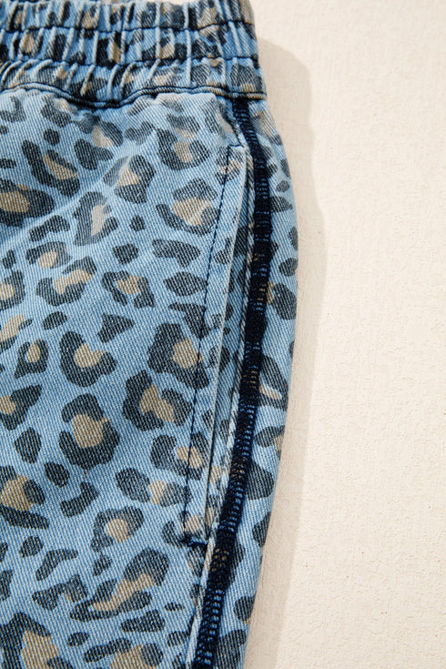 Leopard Print Exposed Seam Drawstring Wide Leg Jeans