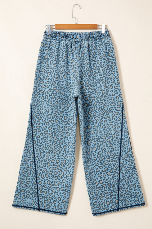 Leopard Print Exposed Seam Drawstring Wide Leg Jeans