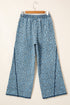 Leopard Print Exposed Seam Drawstring Wide Leg Jeans