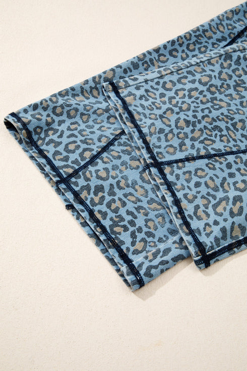Leopard Print Exposed Seam Drawstring Wide Leg Jeans