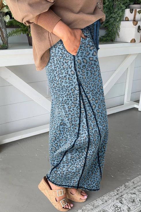 Leopard Print Exposed Seam Drawstring Wide Leg Jeans