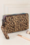 Leopard Print Faux Leather Wristlet Zipper Makeup Bag