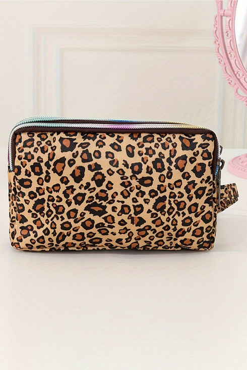 Leopard Print Faux Leather Wristlet Zipper Makeup Bag