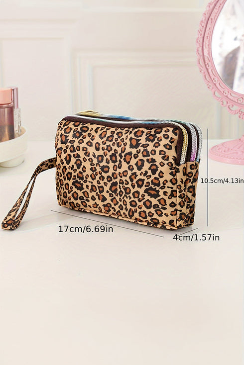 Leopard Print Faux Leather Wristlet Zipper Makeup Bag