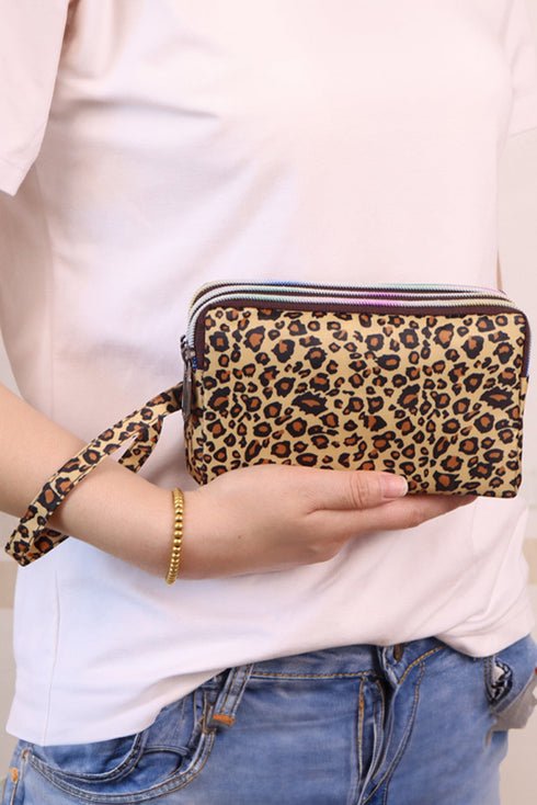 Leopard Print Faux Leather Wristlet Zipper Makeup Bag