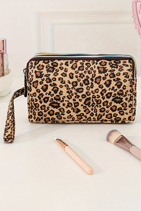 Leopard Print Faux Leather Wristlet Zipper Makeup Bag
