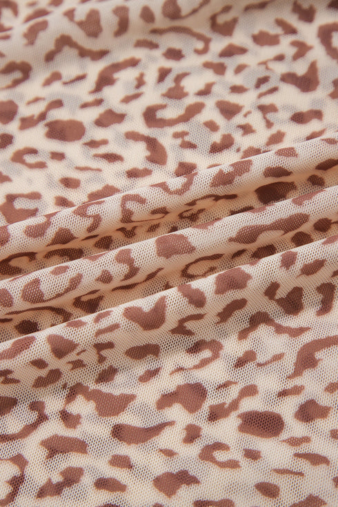 Leopard Print Foldover Off Shoulder Sheer Long Sleeve Mesh Top