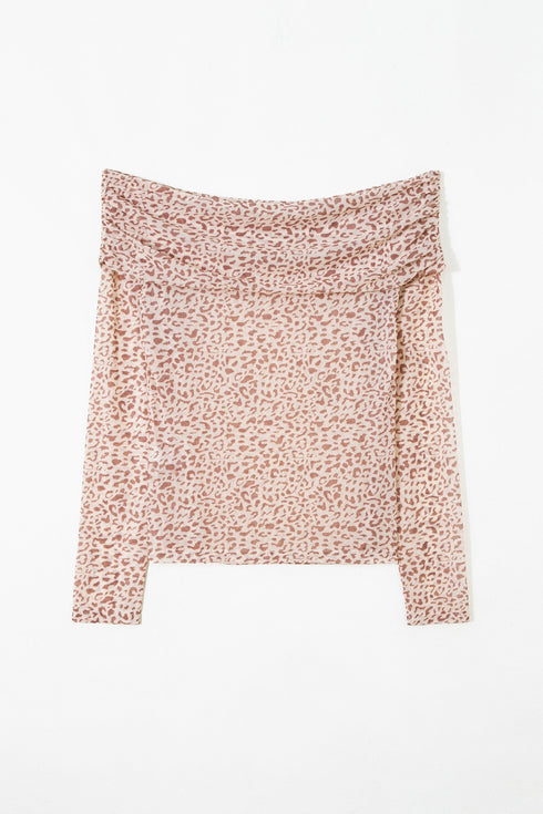 Leopard Print Foldover Off Shoulder Sheer Long Sleeve Mesh Top