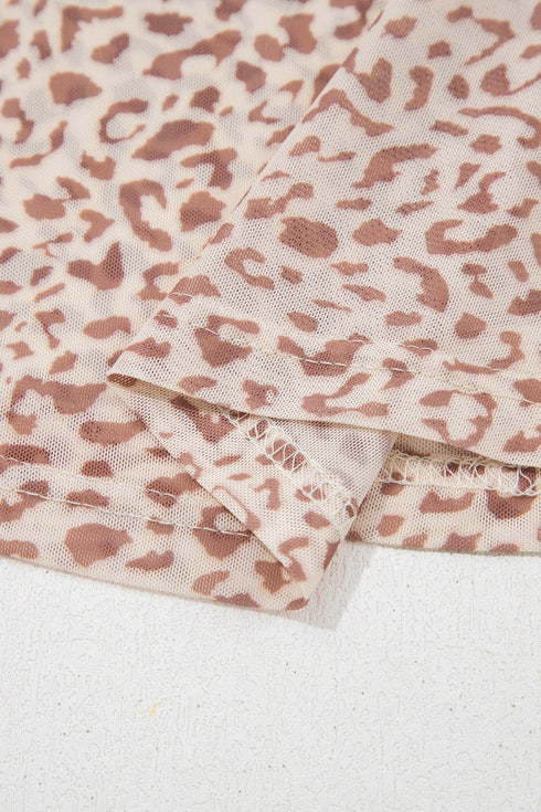 Leopard Print Foldover Off Shoulder Sheer Long Sleeve Mesh Top