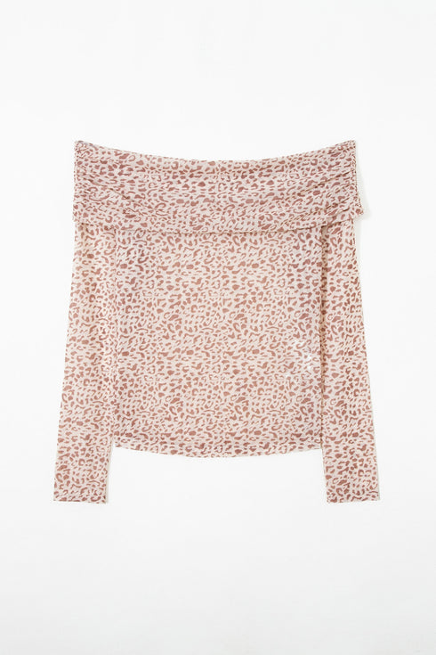 Leopard Print Foldover Off Shoulder Sheer Long Sleeve Mesh Top