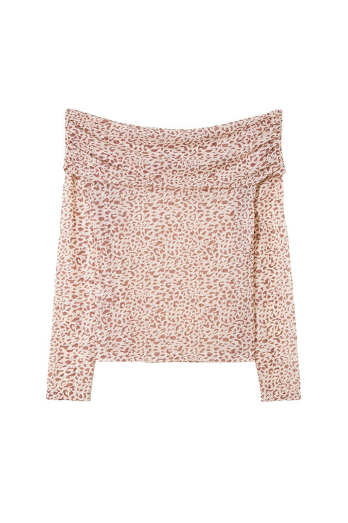 Leopard Print Foldover Off Shoulder Sheer Long Sleeve Mesh Top