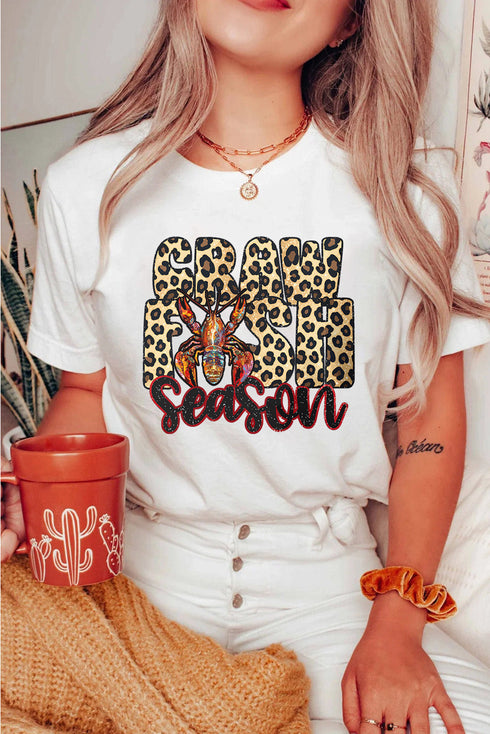 Leopard Print Font Crawfish Graphic Crew Neck Tee