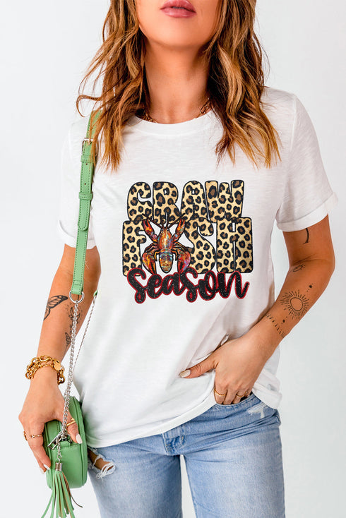Leopard Print Font Crawfish Graphic Crew Neck Tee
