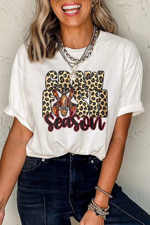 Leopard Print Font Crawfish Graphic Crew Neck Tee