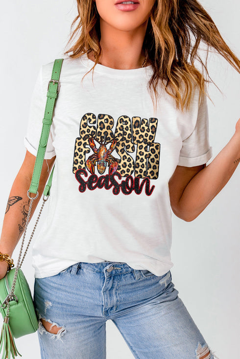 Leopard Print Font Crawfish Graphic Crew Neck Tee