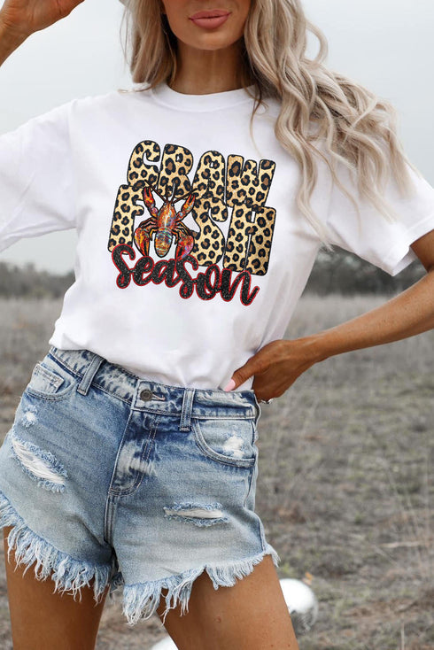 Leopard Print Font Crawfish Graphic Crew Neck Tee
